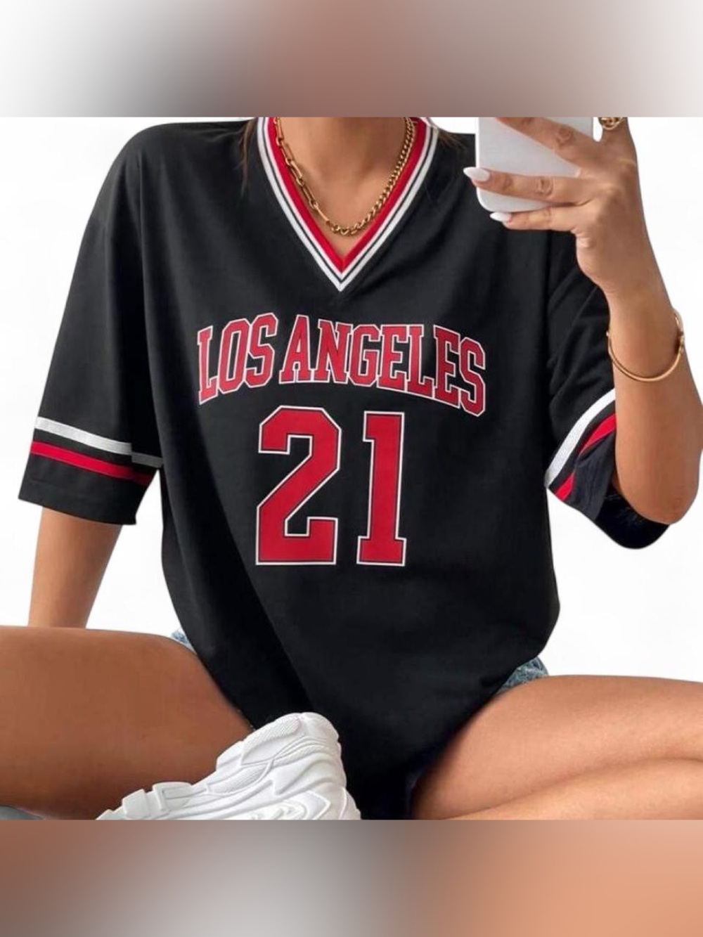 Black "Los Angeles 21" V-Neck Short Sleeve Top